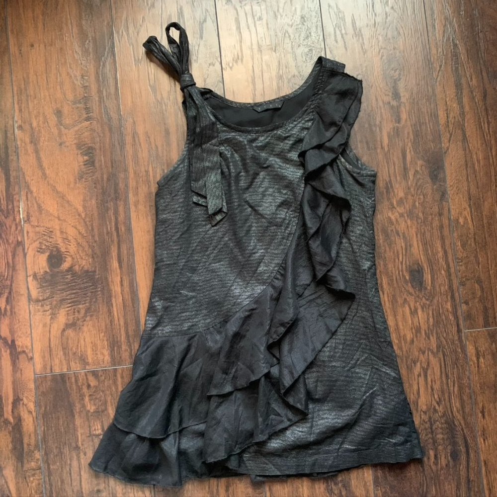 TCEC Tie Ruffle loose tank, dressy black silver